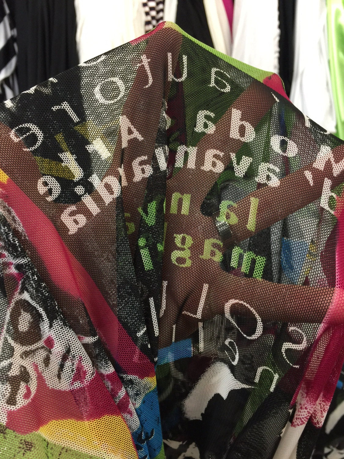 4 way stretch English mesh w playful design Fabric by the yard magazine soft Colorful multicolor black mesh dancer clothing Fashion soft