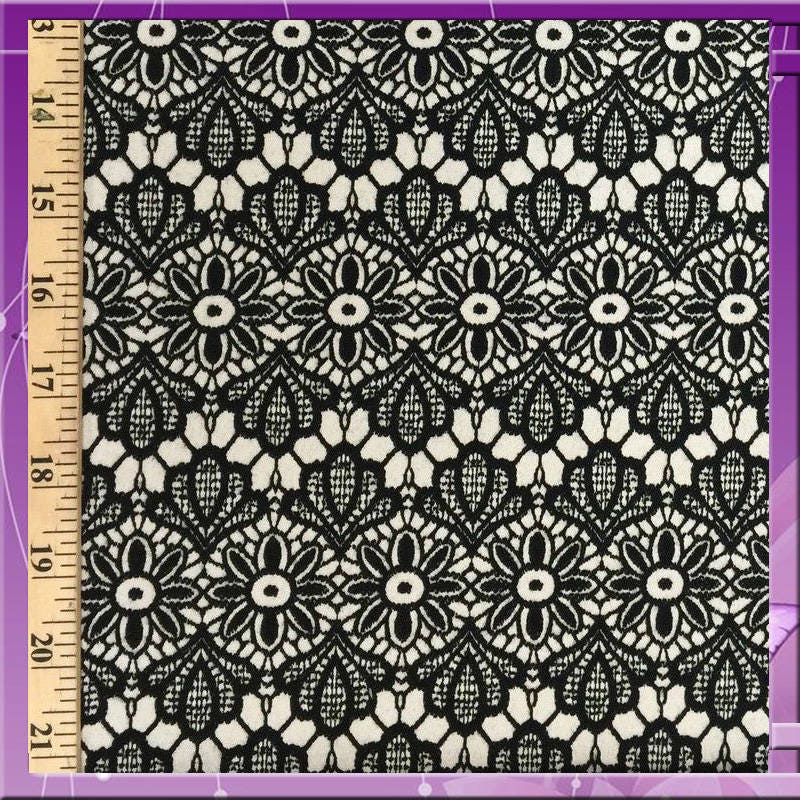 Embroidery lace on stretch French Cotton Black n off white floral flowers 1 way stretch fabric sold by the yard gorgeous texture