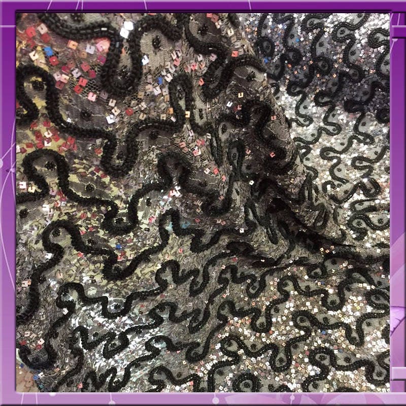 Silver grey black Hand beaded w bugle beads n small square sequin French lace Fabric by the yard silver black 40 inch w  prom fabric dress