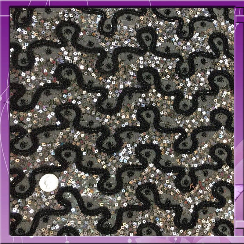 Silver grey black Hand beaded w bugle beads n small square sequin French lace Fabric by the yard silver black 40 inch w  prom fabric dress