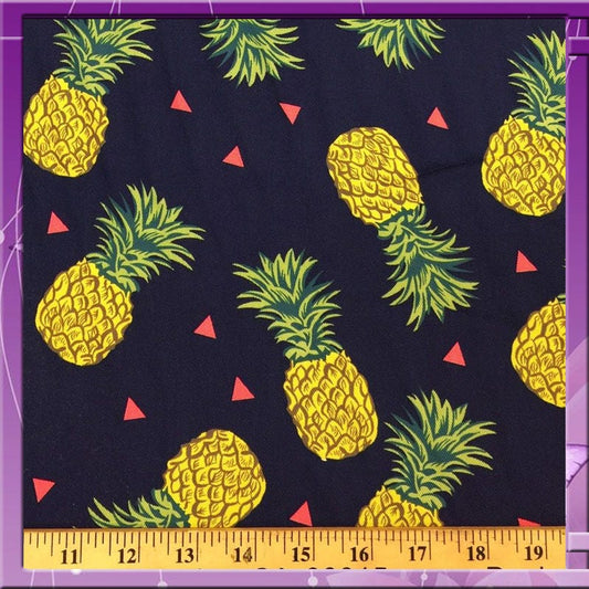 100% Rayon Double Weight Pineapple Navy Blue Background 58" / 60" Width Sold by the Yard for Tablecloth, Panels, Decoration