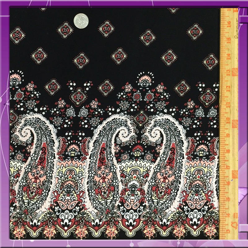 100% Rayon Challis Black Background Hindi Inspired Pink Paisleys 56" / 58" Wide Fabric Sold by the Yard, Soft Fabric Double Scalloped Soft