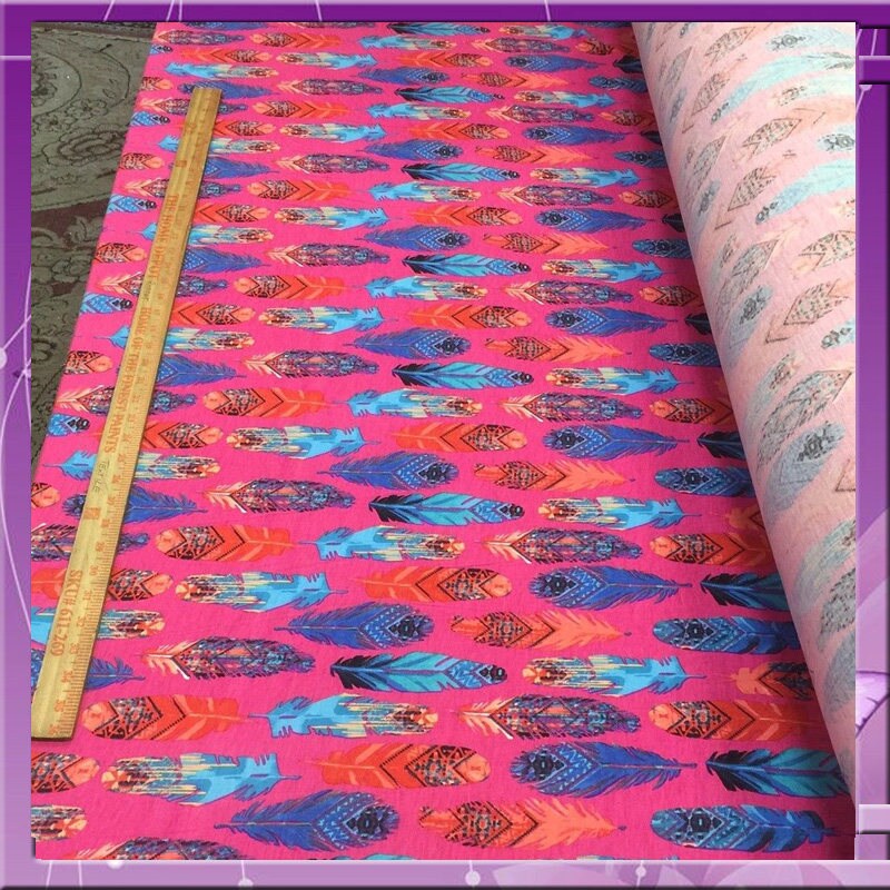 Rayon stretch pink, feather multicolor print 58 inches wide fabric sold by the yard fuchsia for wedding, panels, tablecloth, crafts, kids