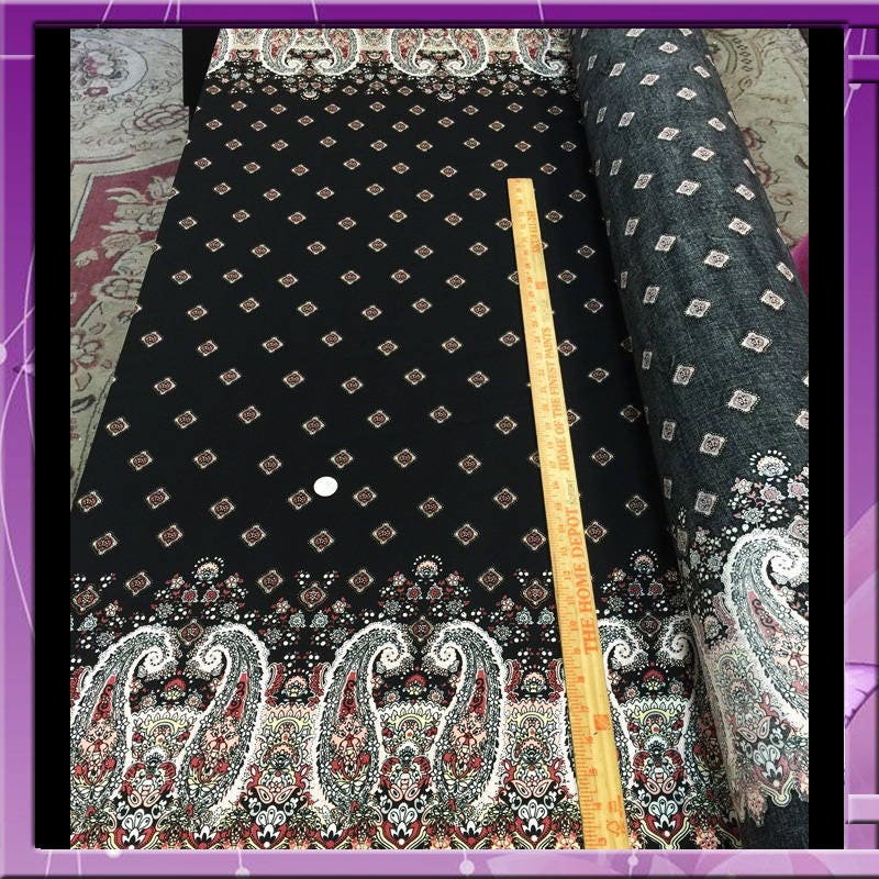 100% Rayon Challis Black Background Hindi Inspired Pink Paisleys 56" / 58" Wide Fabric Sold by the Yard, Soft Fabric Double Scalloped Soft
