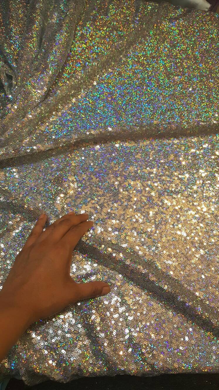 Glitz Silver Irridescent Hologram Sequin Multicolor 60 Inch Wide Fabric Sold by the Yard Rainbow Silver Unicorn 1 Way Stretch Mesh Draping