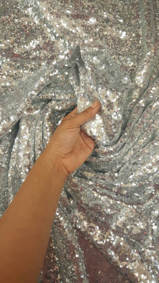Glitz Silver Sequin on Mesh 60 Inches Wide Fabric Sold by the Yard