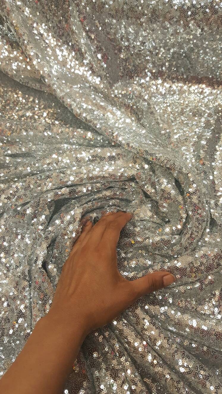 Glitz Silver Sequin on Mesh 60 Inches Wide Fabric Sold by the Yard