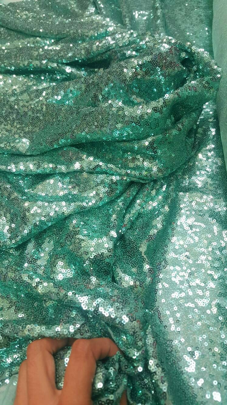 Aqua Sequin on 1 Way Stretch Mesh Mint Glitz Sequin Fabric Sold by the Yard Wedding Decoration Party Clothing Shining Draping Table Cloths