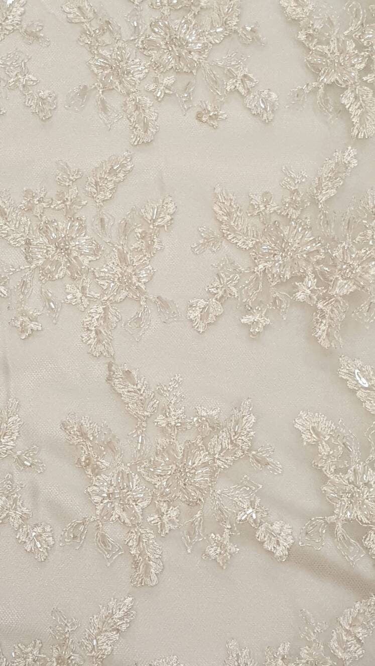 Beaded Ivory Floral Bridal Lace Fabric by the Yard - OneYard