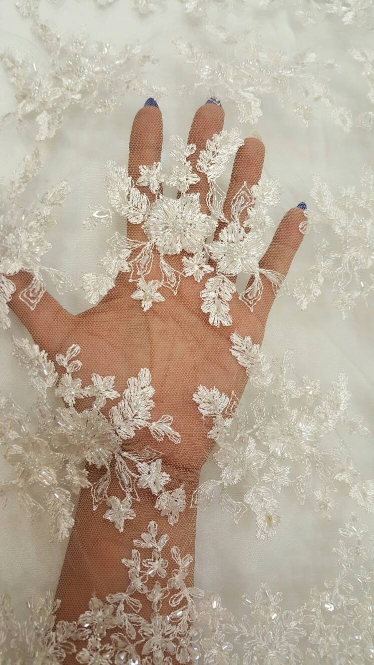 Off White Bridal Hand Beaded Lace Floral Flowers Embroidered on Mesh Wedding Gonw Fabric Sold by the Yard Double Scalloped Ivory Lace