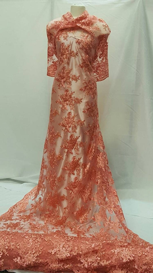 Coral Lace floral flowers  gold cord double scalloped coral mesh Prom fabric sold by the yard Gown Quinceañera bridal dress gorgeous lace