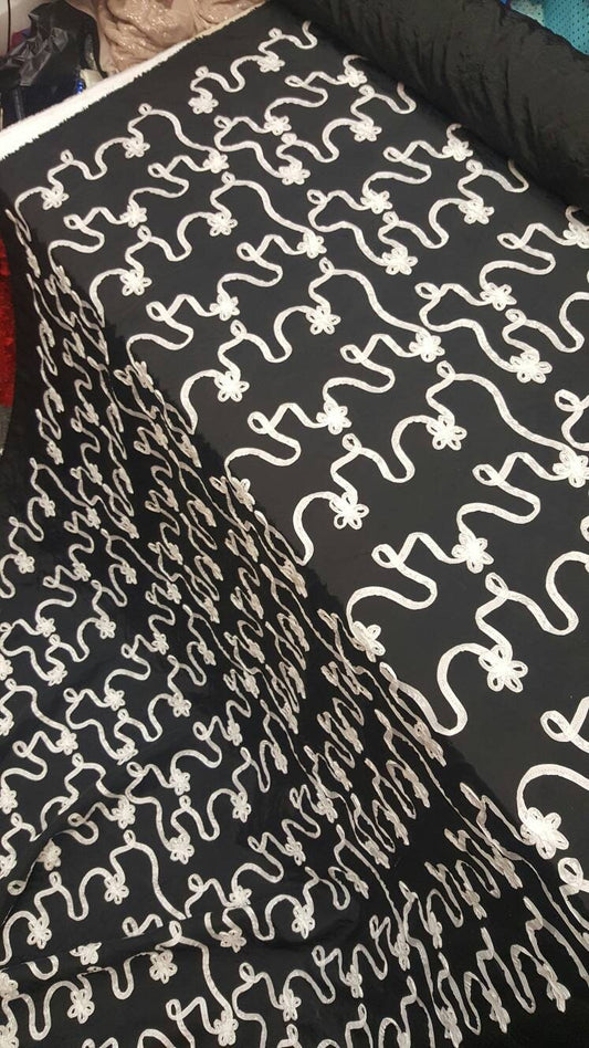 Black Taffeta White Ribbon Floral Flowers on Black Taffeta Prom Fabric Sold by the Yard Gown Quinceañera Bridal Evening Dress Gorgeous