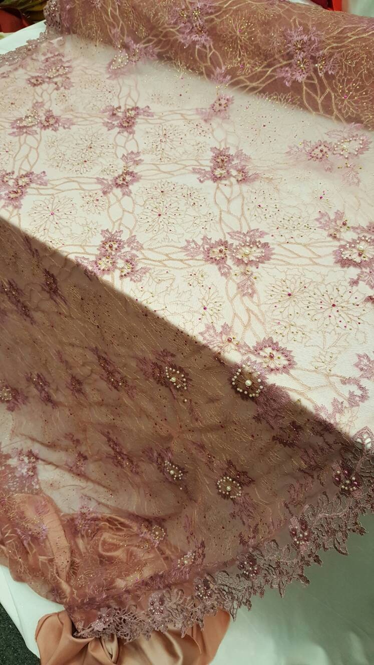 Mauve Hand Beaded Lace Floral Double Scalloped Embroidered Rinesthone Pearls Prom Fabric Sold By The Yard Gown Quinceañera