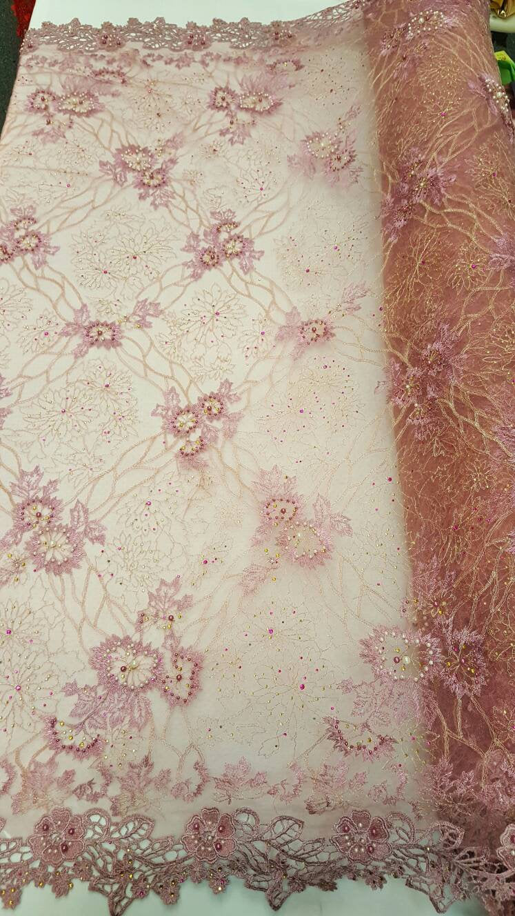 Mauve Hand Beaded Lace Floral Double Scalloped Embroidered Rinesthone Pearls Prom Fabric Sold By The Yard Gown Quinceañera