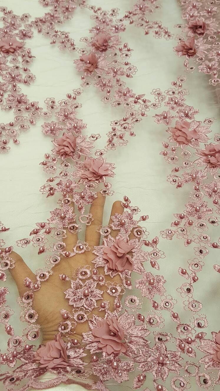 Mauve Pink 3D Floral Lace Hand Beaded Embroidered Sold By The Yard Gown Quinceañera Fabric Sold By The Yard Prom Bridal Double Scalloped