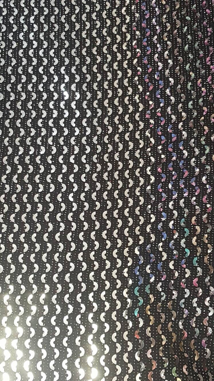 Silver Sequin Geometrical Shine on Black Stretch Fabric Sold by the Yard 60"w Fabric Dress Gorgeous Draping Decoration Party Fabric bling