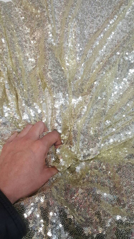 Light Gold Sequin on White Mesh 1 Way Stretch Fabric Sold by the Yard Draping Party Decoration Clothing 60 Inch W Glitz Gold Sequin