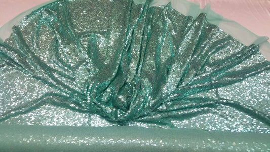 Aqua Sequin on 1 Way Stretch Mesh Mint Glitz Sequin Fabric Sold by the Yard Wedding Decoration Party Clothing Shining Draping Table Cloths