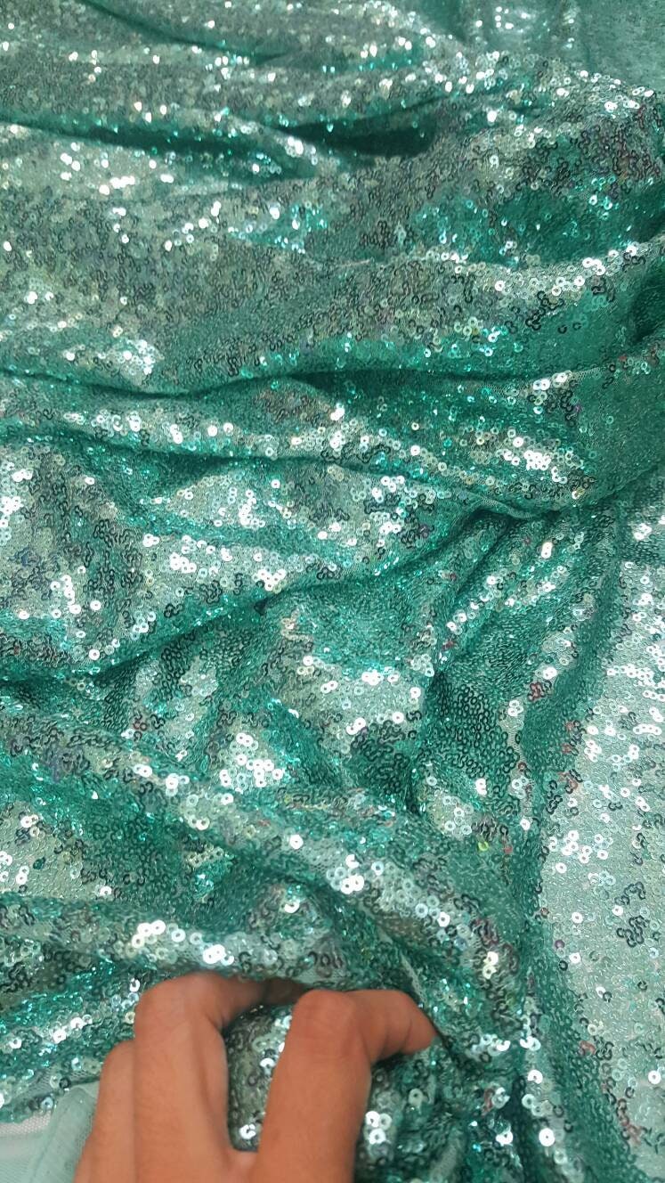 Aqua Sequin on 1 Way Stretch Mesh Mint Glitz Sequin Fabric Sold by the Yard Wedding Decoration Party Clothing Shining Draping Table Cloths