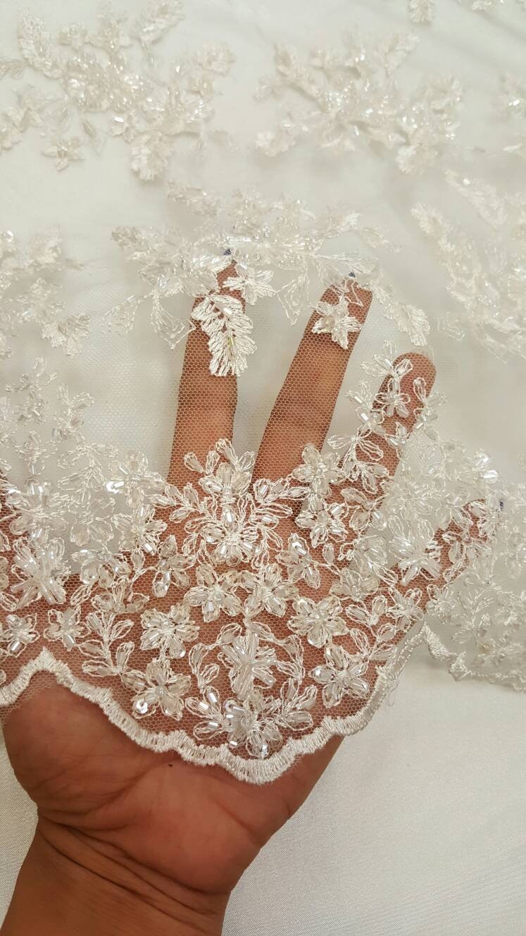 Off White Bridal Hand Beaded Lace Floral Flowers Embroidered on Mesh Wedding Gonw Fabric Sold by the Yard Double Scalloped Ivory Lace