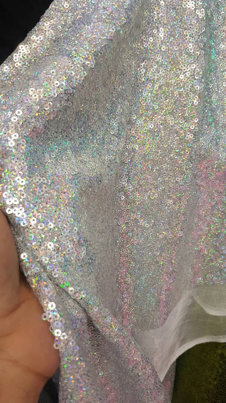 Glitz Silver Irridescent Hologram Sequin Multicolor 60 Inch Wide Fabric Sold by the Yard Rainbow Silver Unicorn 1 Way Stretch Mesh Draping