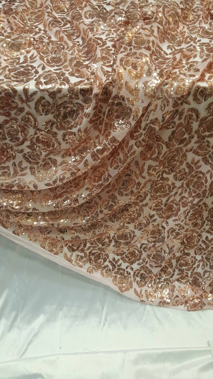 Rose gold lace fabric Roses Sequin on blush mesh 1way stretch Prom fabric sold by the yard gown Quinceañera bridal Evening dress Decoration