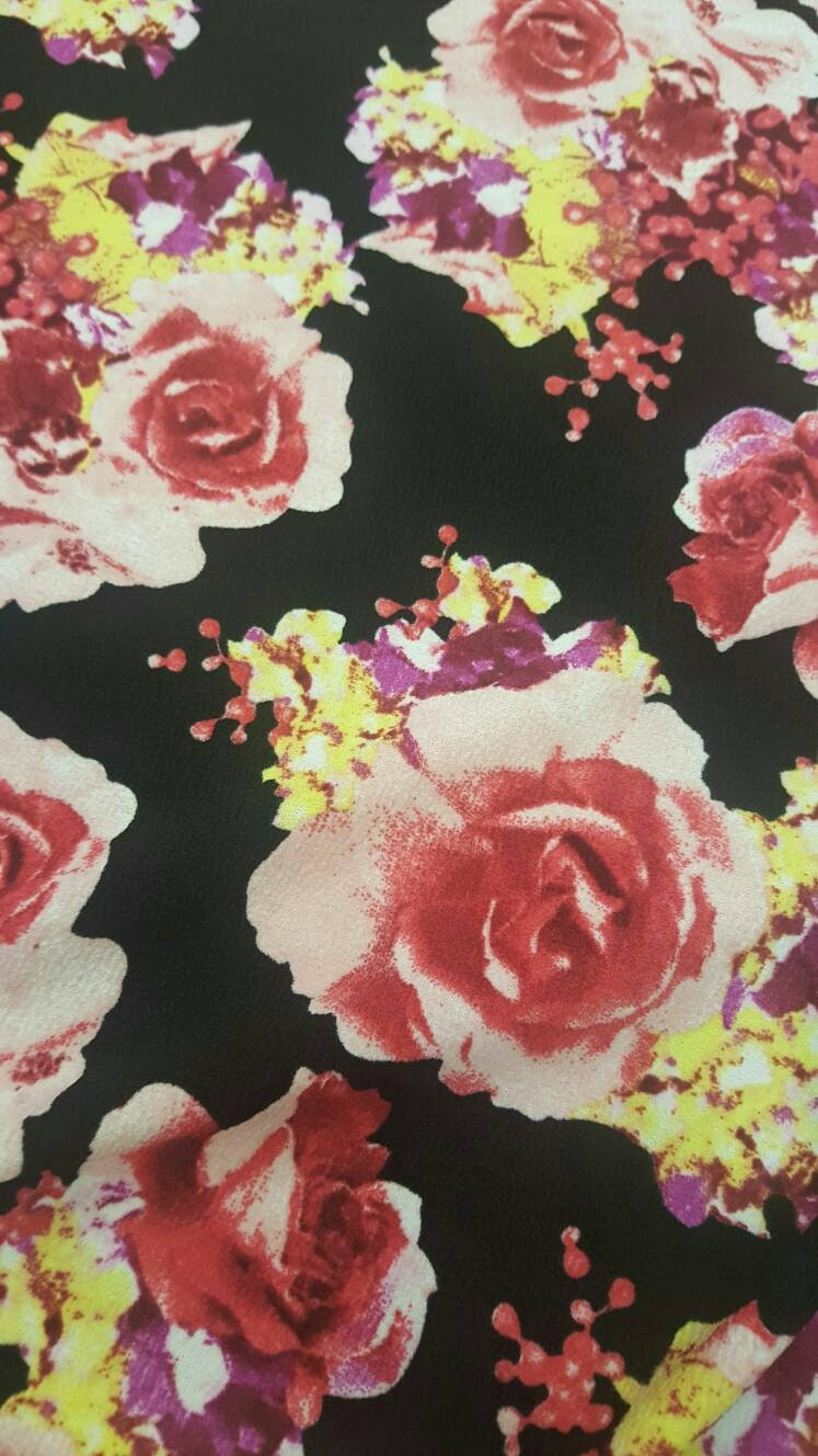 Roses stretch fabric liverpool soft stretch fabric black pink yellow floral flowers fabric sold by the yard gown draping decoration Textured