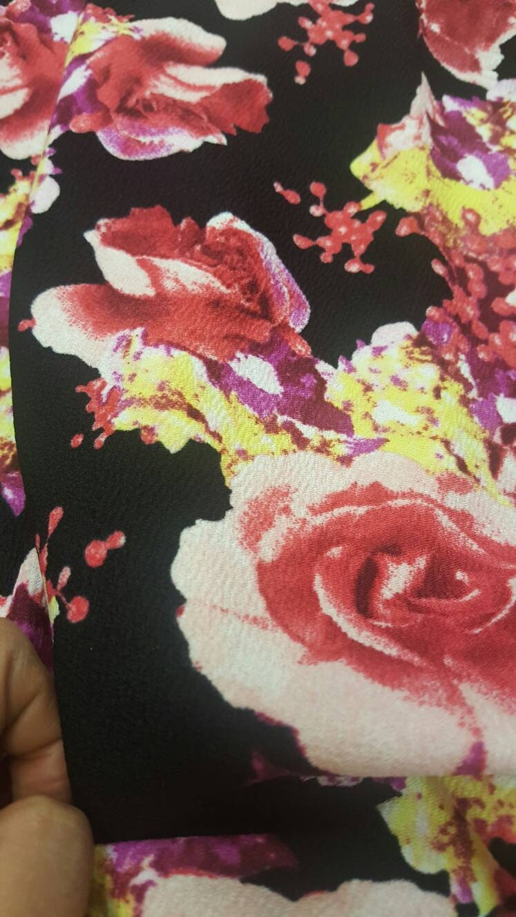 Roses stretch fabric liverpool soft stretch fabric black pink yellow floral flowers fabric sold by the yard gown draping decoration Textured