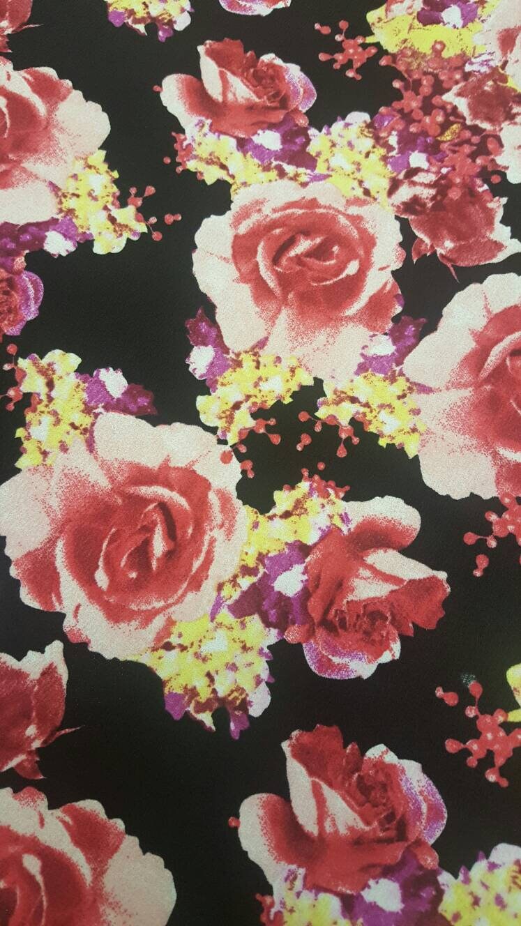 Roses stretch fabric liverpool soft stretch fabric black pink yellow floral flowers fabric sold by the yard gown draping decoration Textured