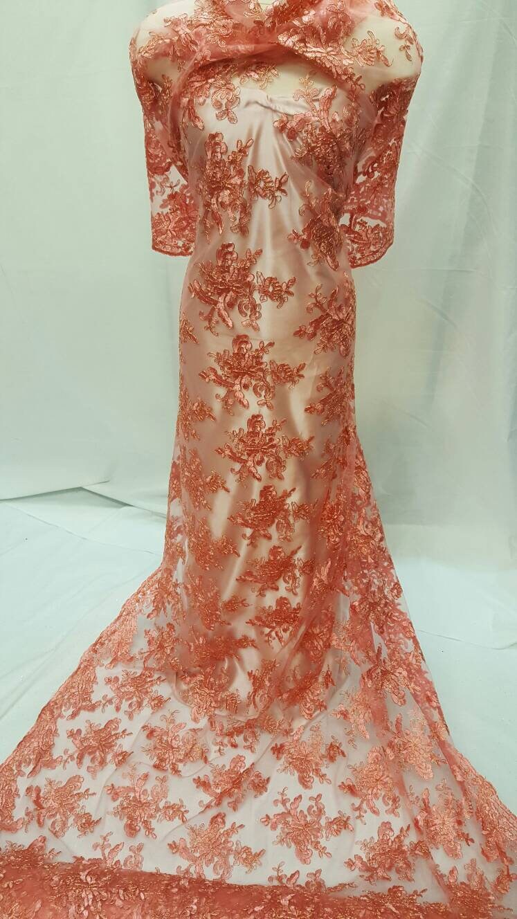 Coral Lace floral flowers  gold cord double scalloped coral mesh Prom fabric sold by the yard Gown Quinceañera bridal dress gorgeous lace