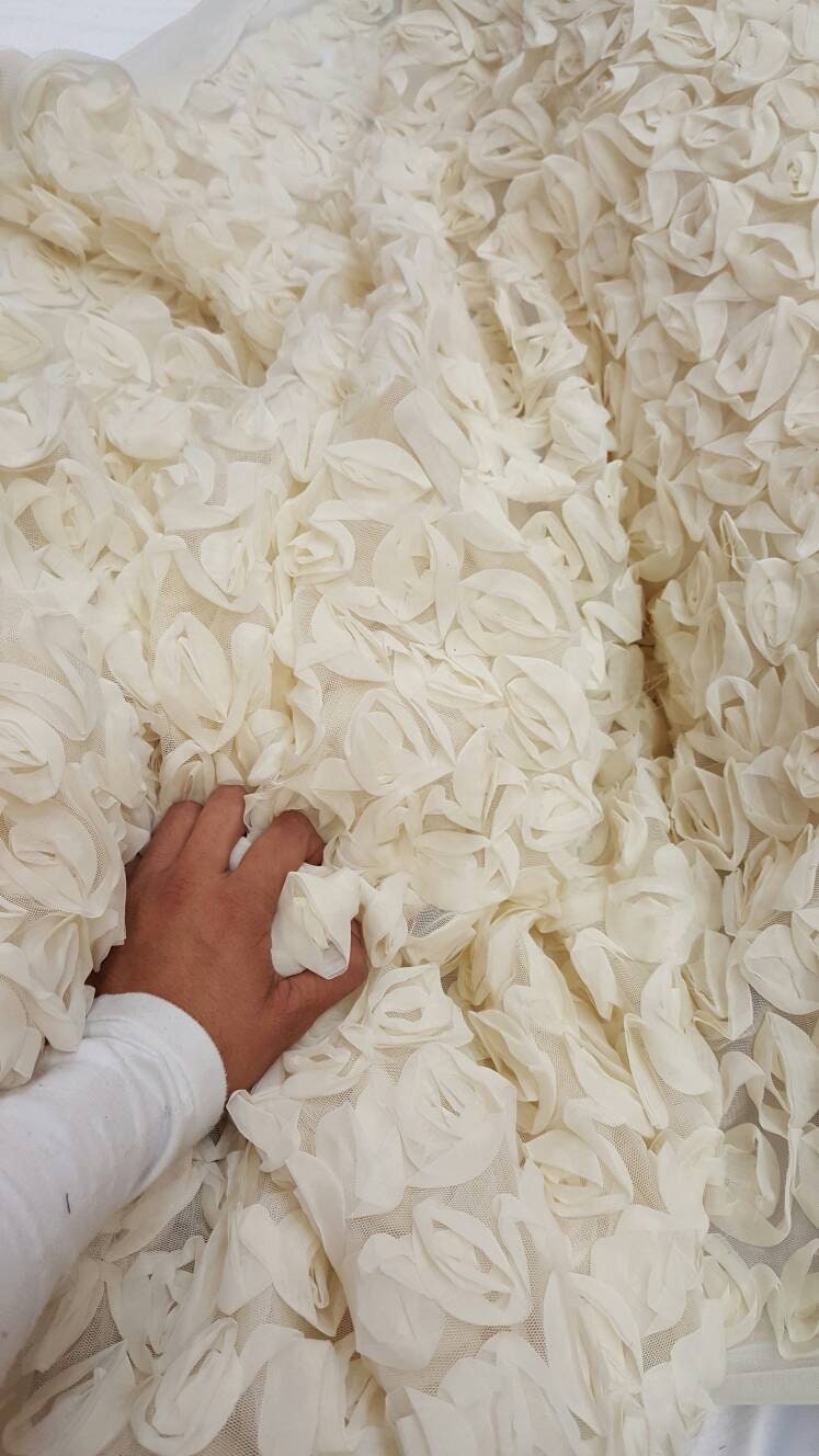 Ivory Floral Lace Chiffon Flowers on Mesh Bridal Fabric Sold by the Yard Gown Bridal Decoration Draping Table Cloths Clothing Prom