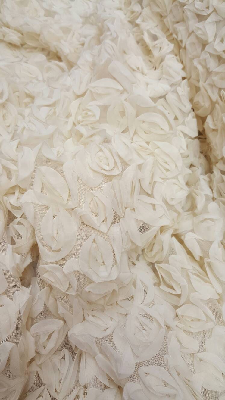 Ivory Floral Lace Chiffon Flowers on Mesh Bridal Fabric Sold by the Yard Gown Bridal Decoration Draping Table Cloths Clothing Prom