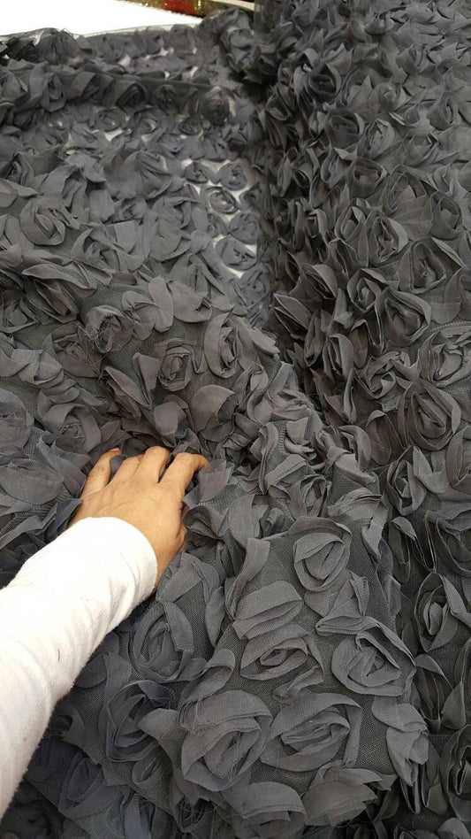 Grey Floral Lace Chiffon Flowers on Mesh Prom Fabric Sold by the Yard Gown Quinceañera Bridal Gorgeous Lace Decoration Draping