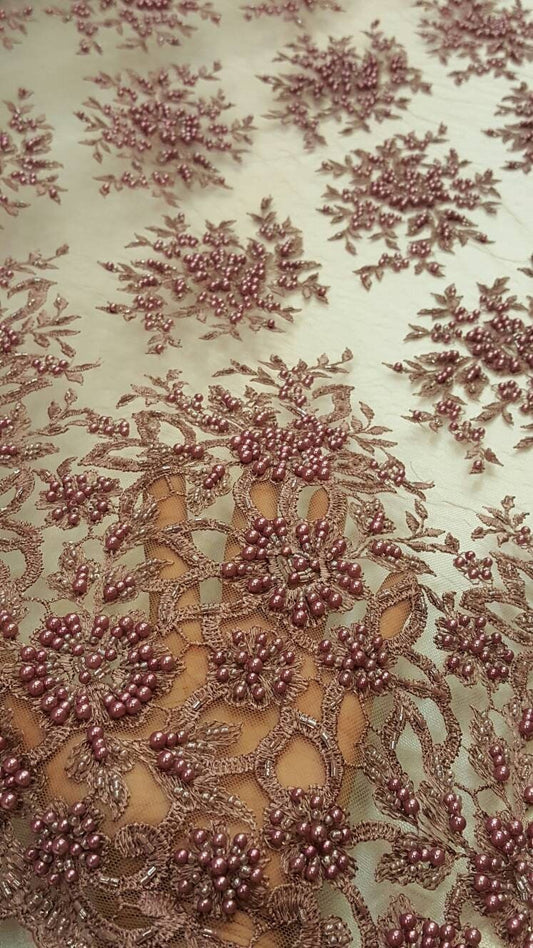 Mauve Hand Beaded Lace Floral Flowers Embroidered Pearls On Mesh Prom Fabric Sold By The Yard Gown Quinceañera