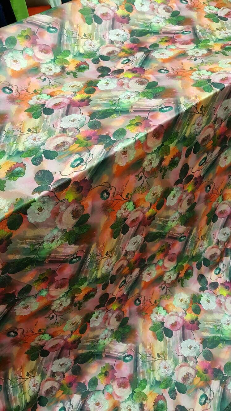 Multicolor Floral Spandex Stretch Fabric Sold by the Yard Swimwear Draping Dress Decoration Draping Table Cloths Orange Pink Green