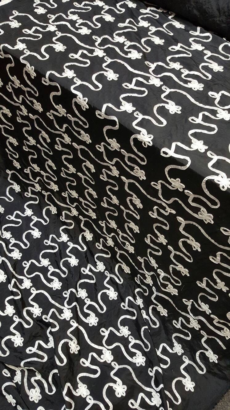 Black Taffeta White Ribbon Floral Flowers on Black Taffeta Prom Fabric Sold by the Yard Gown Quinceañera Bridal Evening Dress Gorgeous