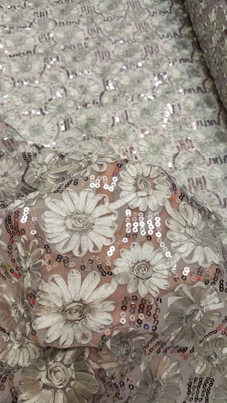 Silver gray lace embroidered flowers floral ribbon sequin on mesh fabric sold by the yard gown Quinceañera bridal Evening dress Gorgeous