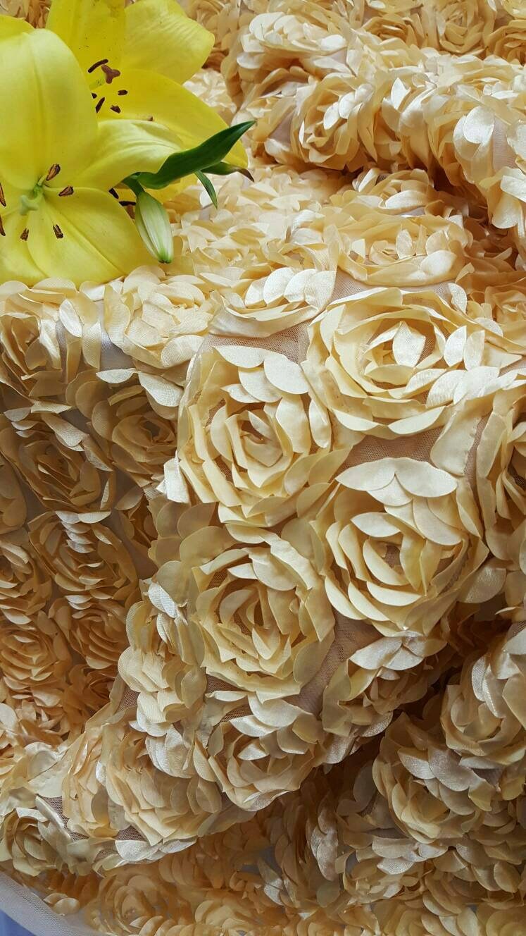 Light Gold  Lace 3d Roses Fabric Satin On Mesh Floral Flowers Prom Fabric Sold By The Yard Gown Quinceañera Bridal Evening Decoration