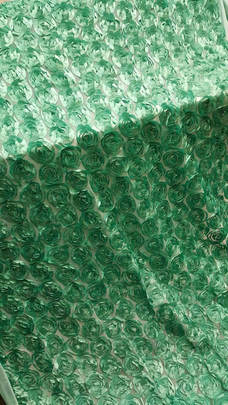 Teal roses fabric lace 3d floral flowers satin on mesh Prom fabric sold by the yard gown Quinceañera bridal Evening dress decoration draping