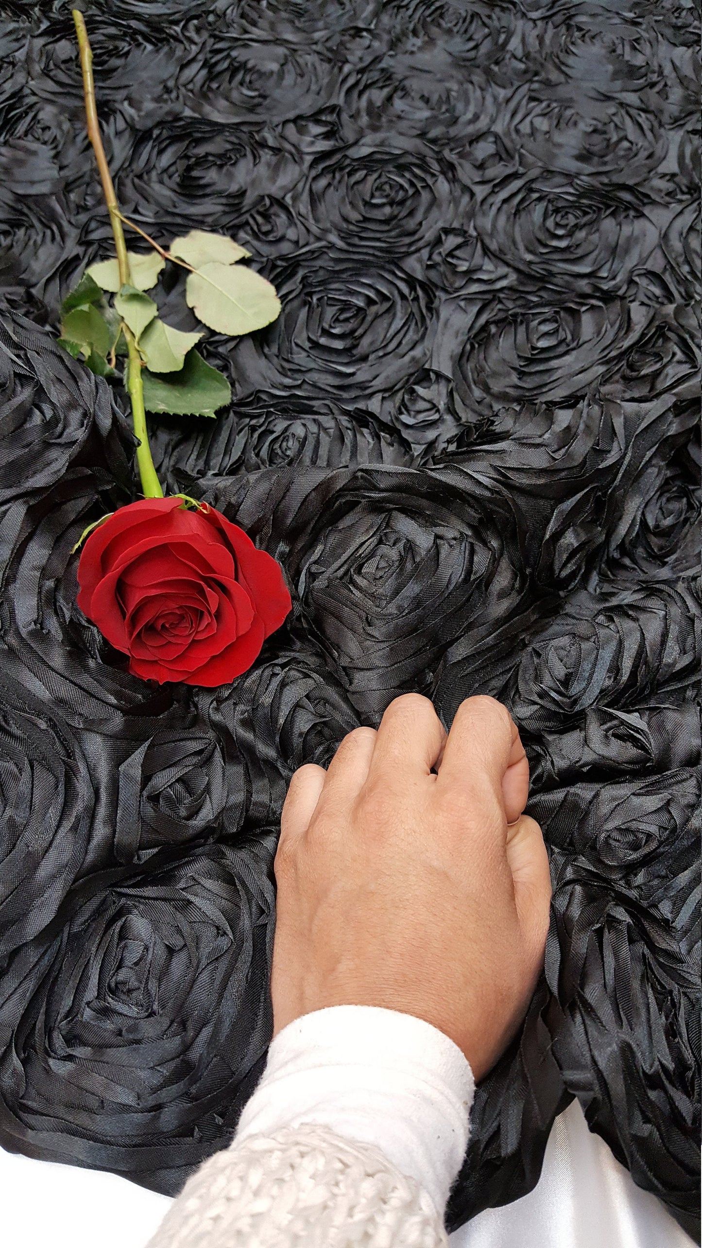 Black Satin Rosette Fabric by the Yard runners table cloths dress gown fabric to make mono mono roses satin floral flowers satin black