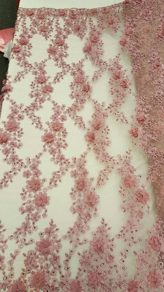 Mauve Pink 3D Floral Lace Hand Beaded Embroidered Sold By The Yard Gown Quinceañera Fabric Sold By The Yard Prom Bridal Double Scalloped