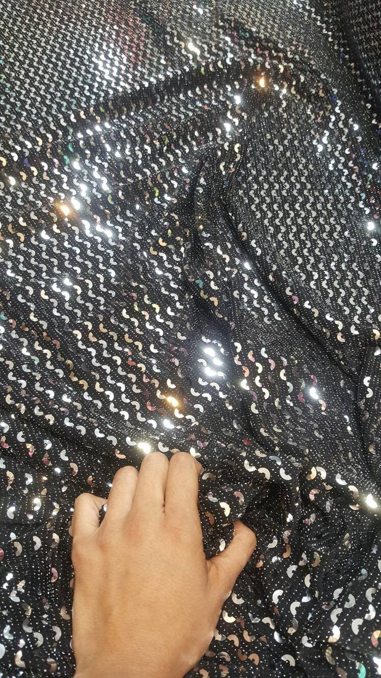 Silver Sequin Geometrical Shine on Black Stretch Fabric Sold by the Yard 60"w Fabric Dress Gorgeous Draping Decoration Party Fabric bling