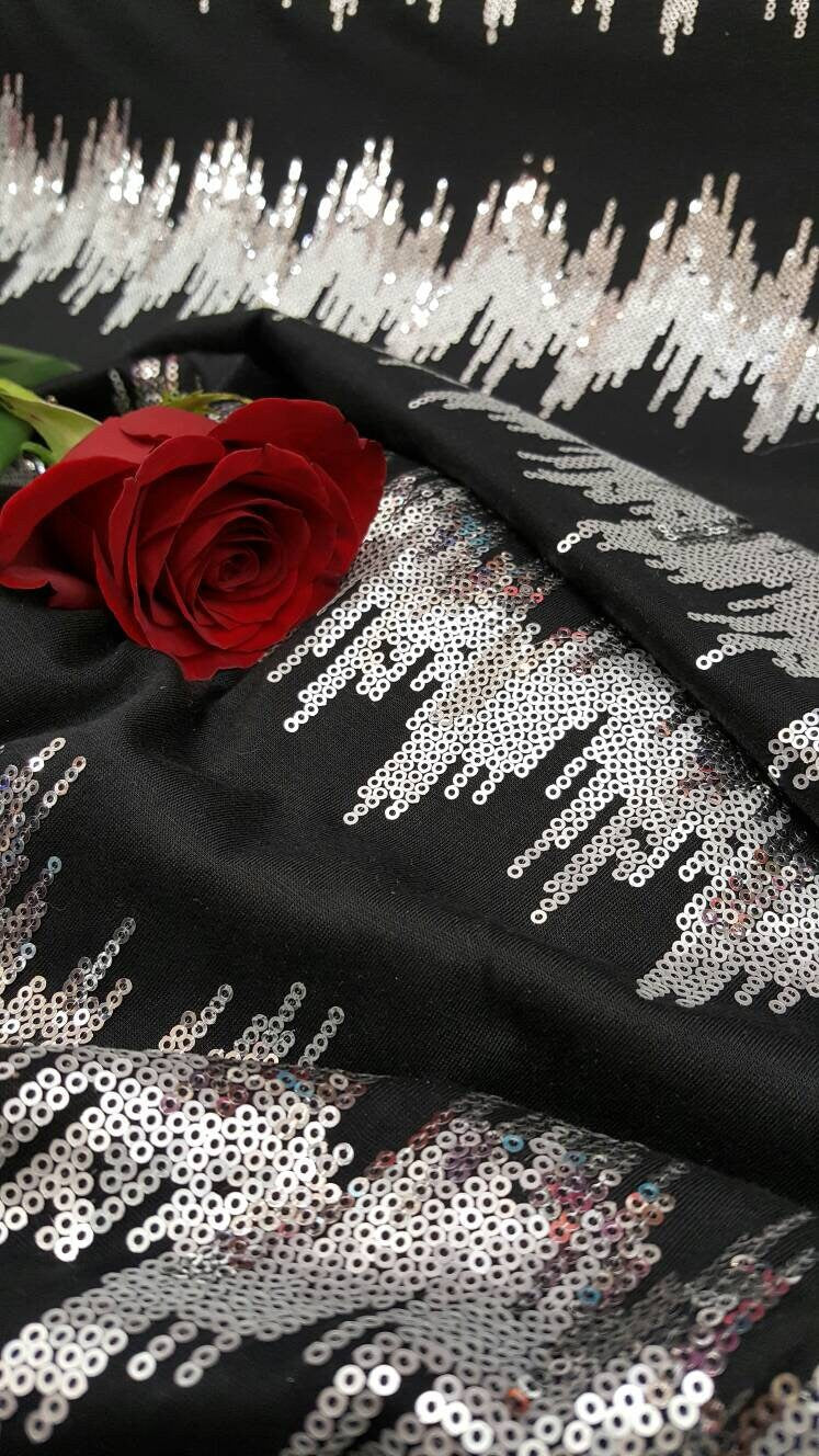 Silver sequin on black Jersey  knit stretch fabric sold by yard decoration clothing draping dress dancer clothing Fashion fabric