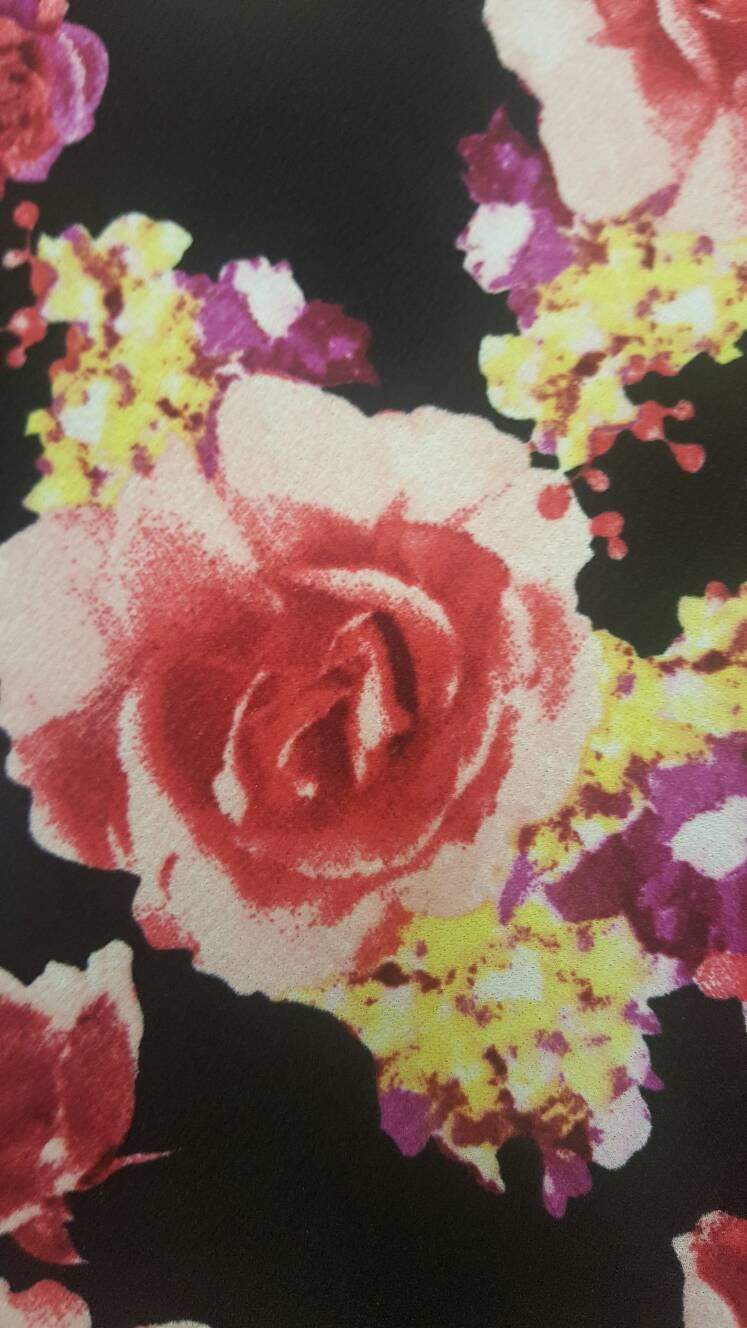 Roses stretch fabric liverpool soft stretch fabric black pink yellow floral flowers fabric sold by the yard gown draping decoration Textured