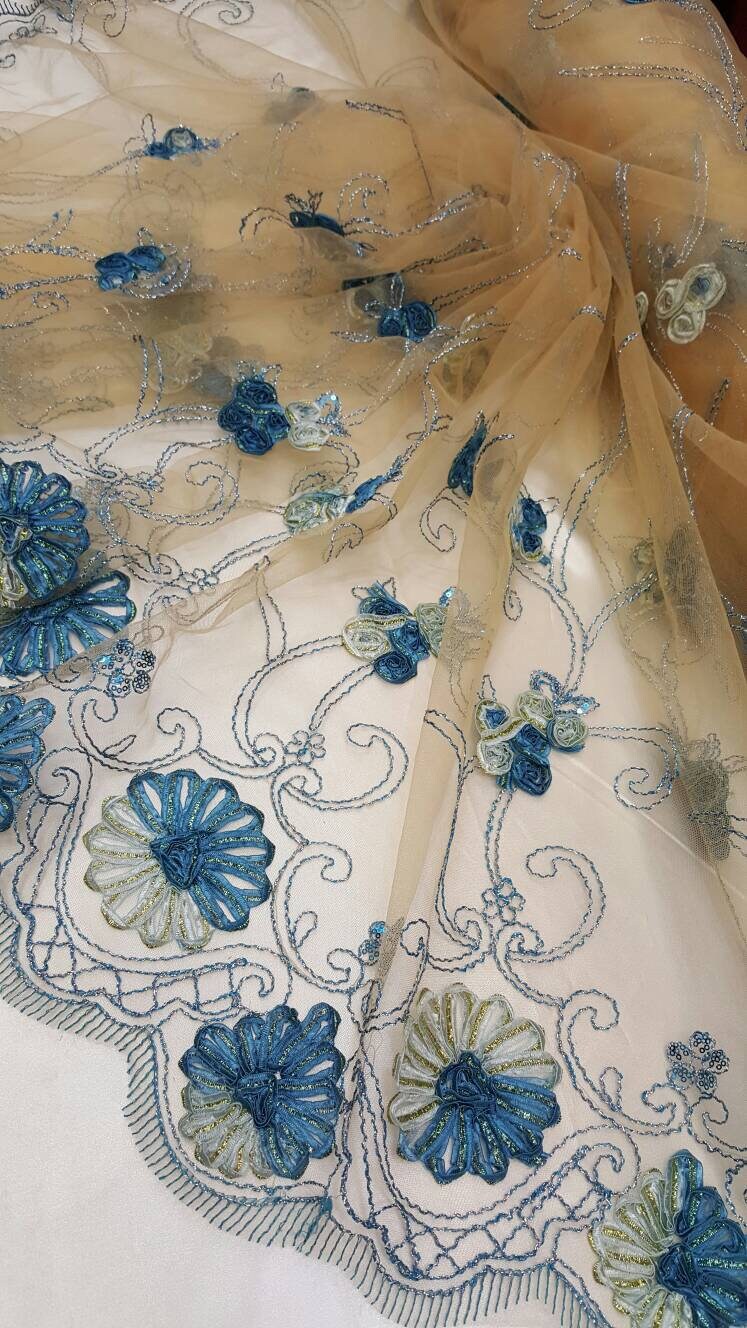 Blue Lace Embroidered ribbon Floral Flowers 1 Border  Fabric Sold by the Yard Cord on champagne  Mesh Bridal Dress Draping Decoration