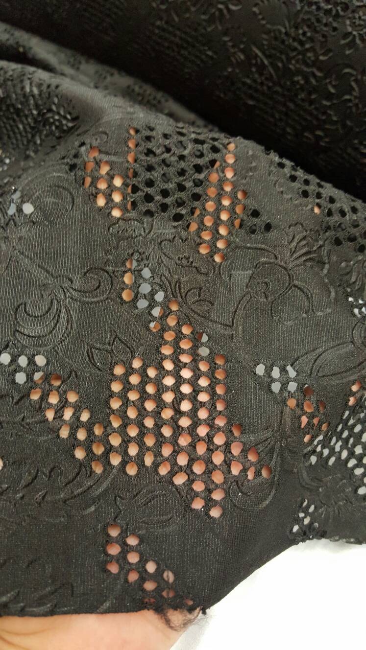 Black Nylon Stretch Textured Floral Flowers Fish Net Spandex Dancer Fabric Sold by the Yard Gown Prom Bridal Evening Dress Gorgeous Draping