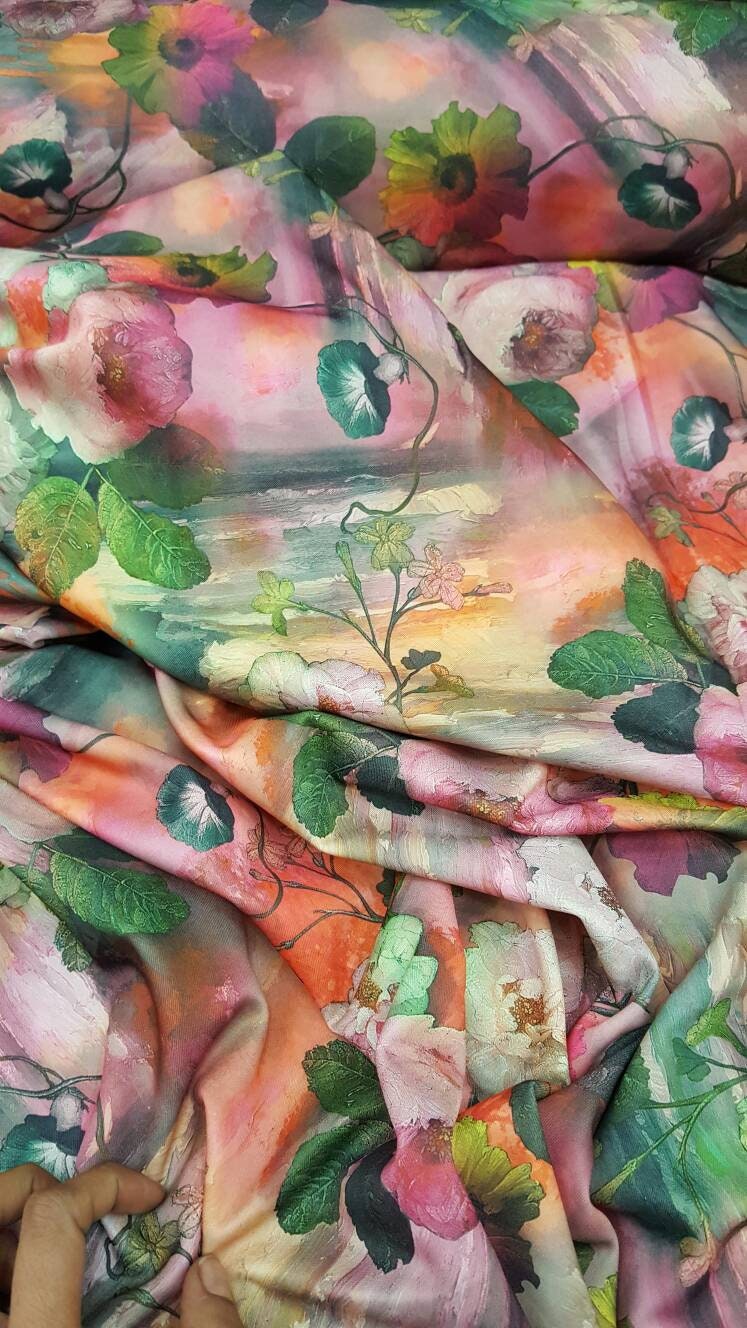 Multicolor Floral Spandex Stretch Fabric Sold by the Yard Swimwear Draping Dress Decoration Draping Table Cloths Orange Pink Green