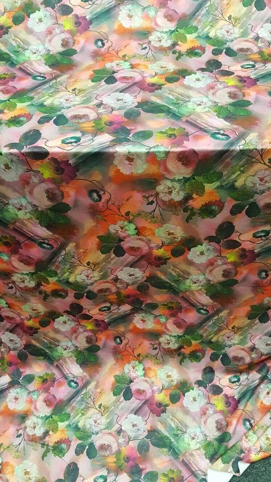 Multicolor Floral Spandex Stretch Fabric Sold by the Yard Swimwear Draping Dress Decoration Draping Table Cloths Orange Pink Green
