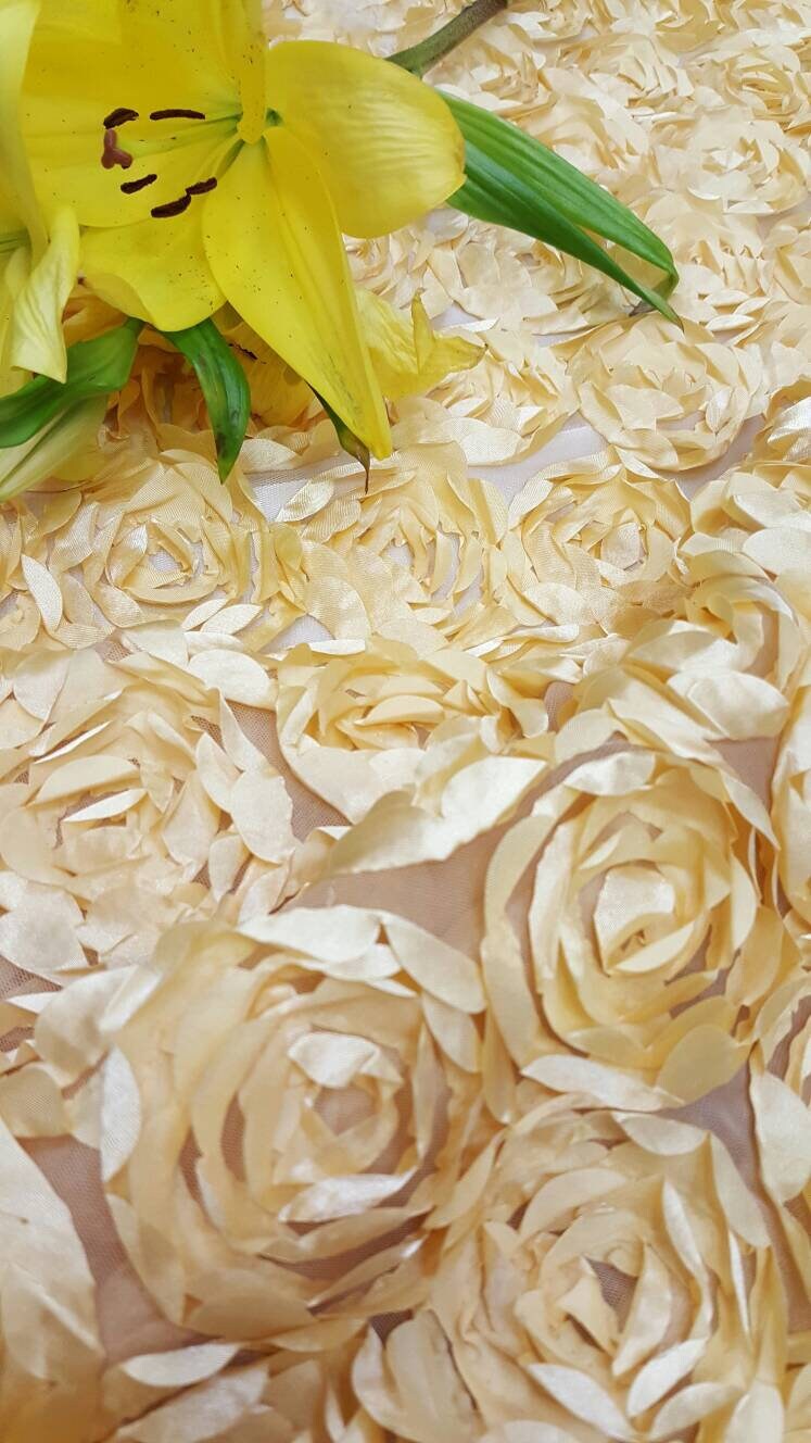 Light Gold  Lace 3d Roses Fabric Satin On Mesh Floral Flowers Prom Fabric Sold By The Yard Gown Quinceañera Bridal Evening Decoration