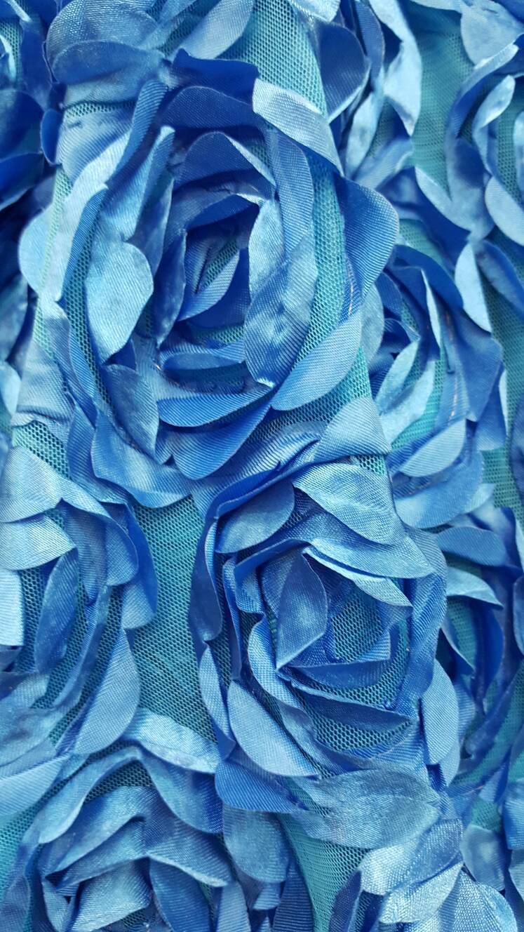 Turquoise roses fabric 3d lace  floral flowers satin on mesh Prom fabric sold by the yard gown Quinceañera bridal Evening dress decoration